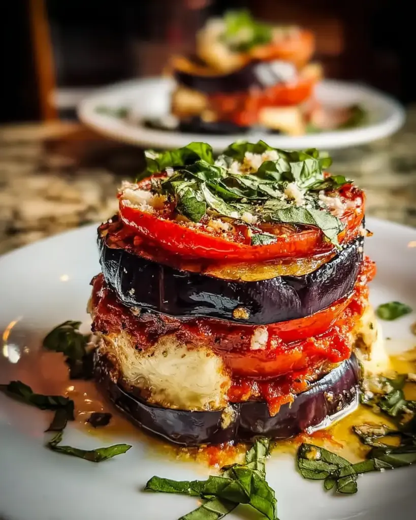 A delicious plate of Baked Eggplant and Tomato Stacks