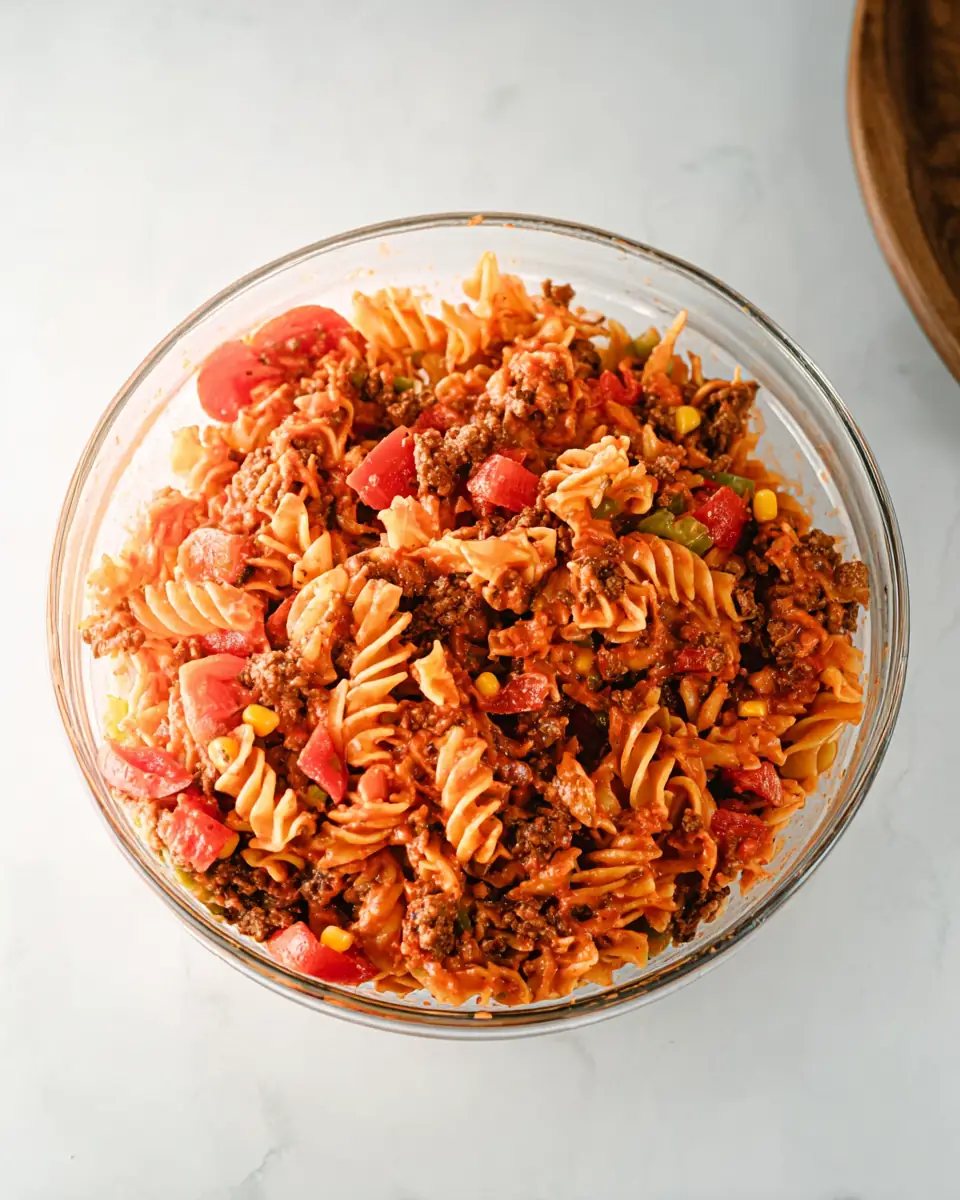 A delicious plate of Cheesy Taco Pasta Salad with Catalina Dressing