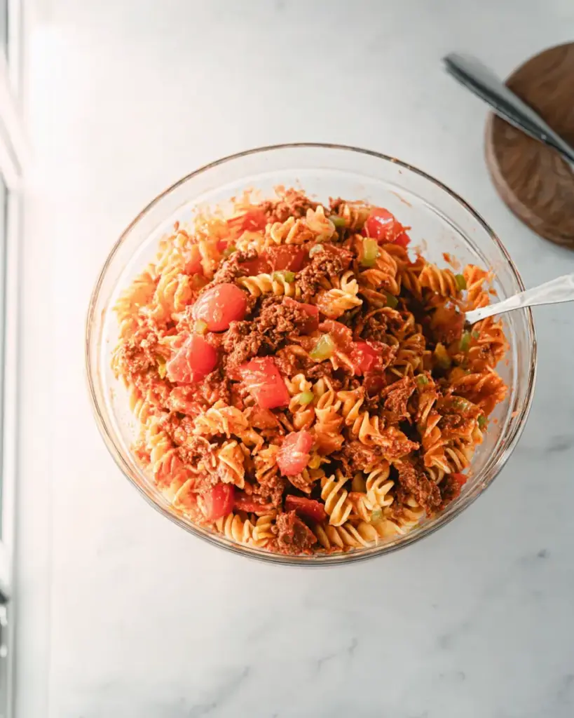 A delicious plate of Cheesy Taco Pasta Salad with Catalina Dressing