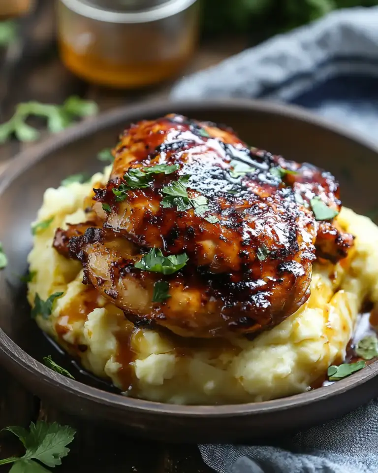 A delicious plate of Chipotle Honey Chicken Thighs With Smoked Gouda Mashed Potatoes