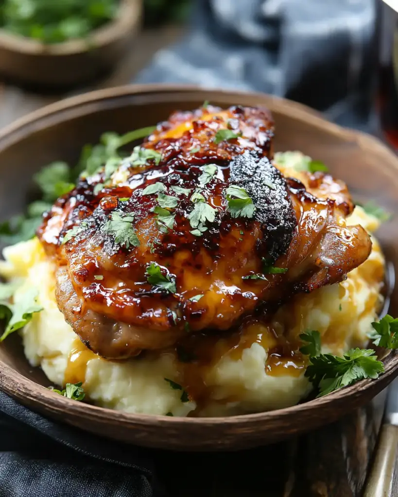 A delicious plate of Chipotle Honey Chicken Thighs With Smoked Gouda Mashed Potatoes