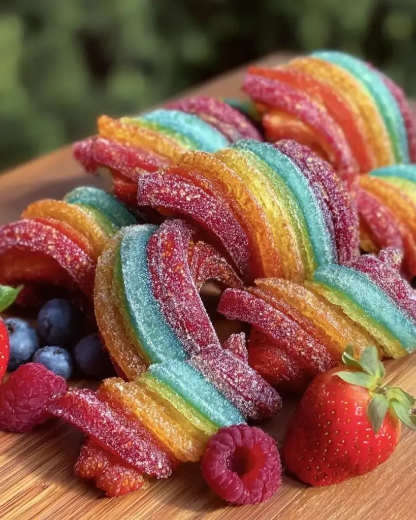 A delicious plate of Colorful Crispy Dr. Seuss Rainbow Fruit Twists Easy Recipe for Kids Party