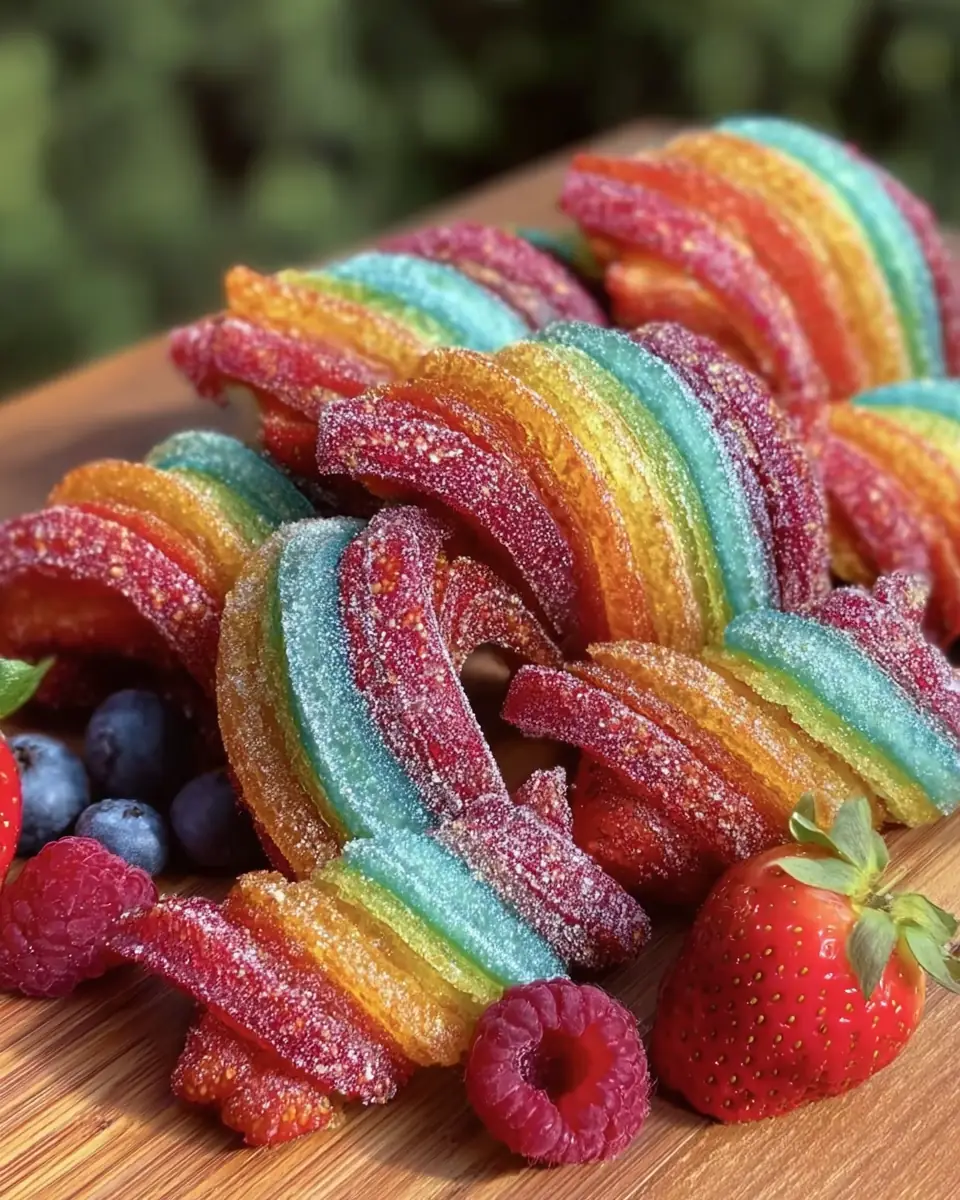 A delicious plate of Colorful Crispy Dr. Seuss Rainbow Fruit Twists Easy Recipe for Kids Party
