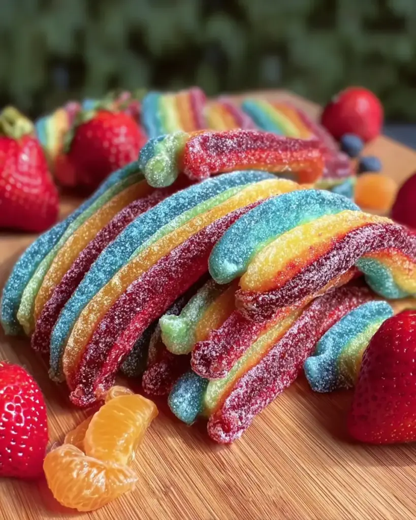A delicious plate of Colorful Crispy Dr. Seuss Rainbow Fruit Twists Easy Recipe for Kids Party