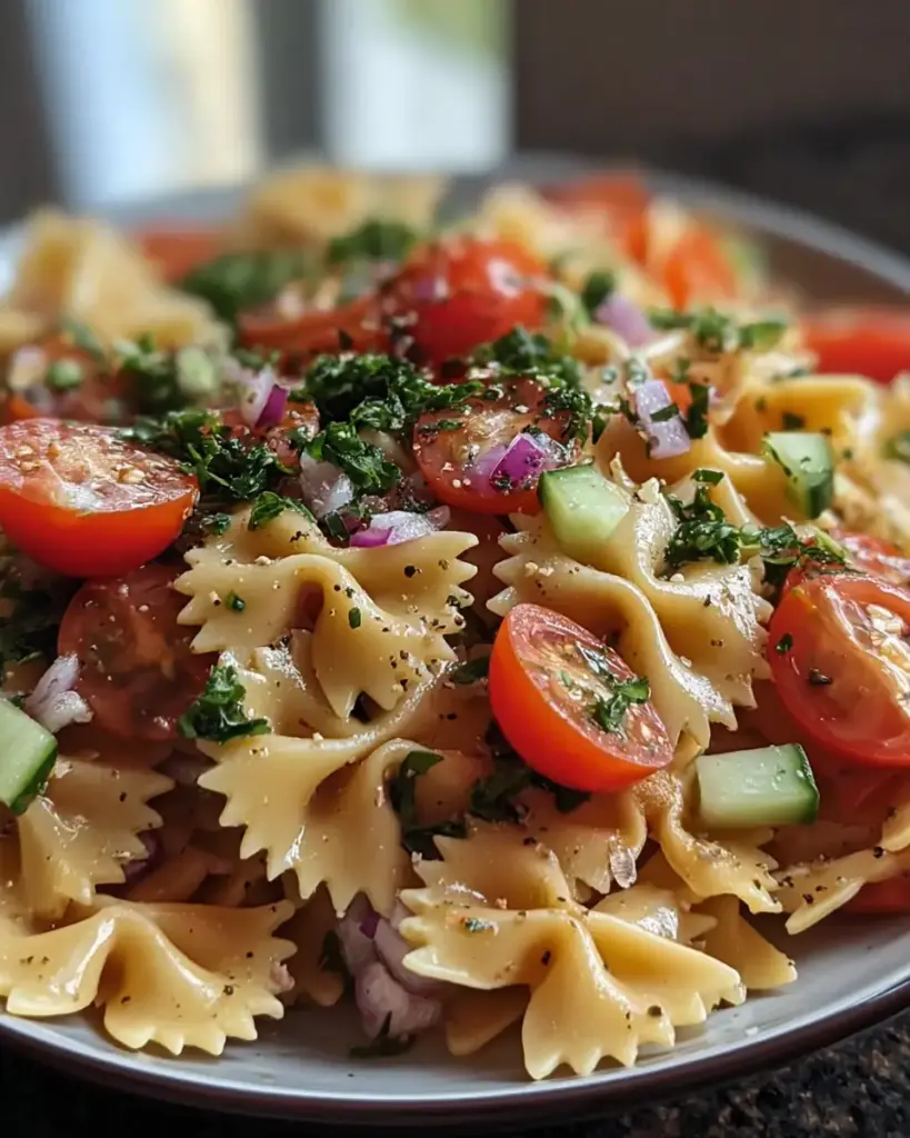 A delicious plate of Creamy Bow Tie Pasta Salad You Must Make