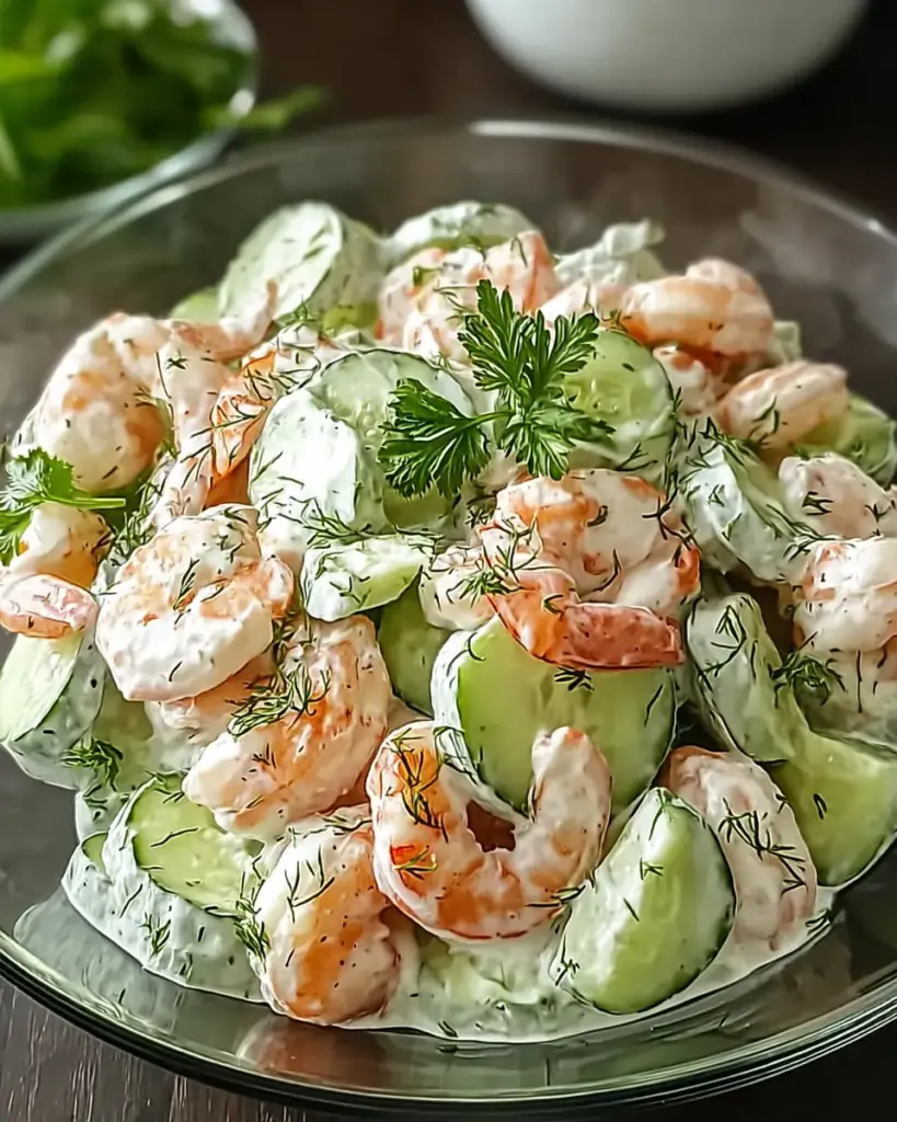 A delicious plate of Creamy Cucumber Shrimp Salad Recipe