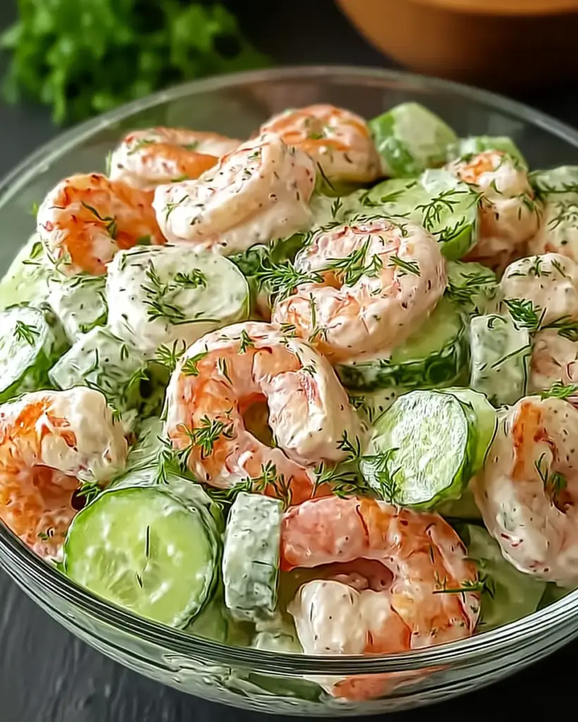 A delicious plate of Creamy Cucumber Shrimp Salad Recipe