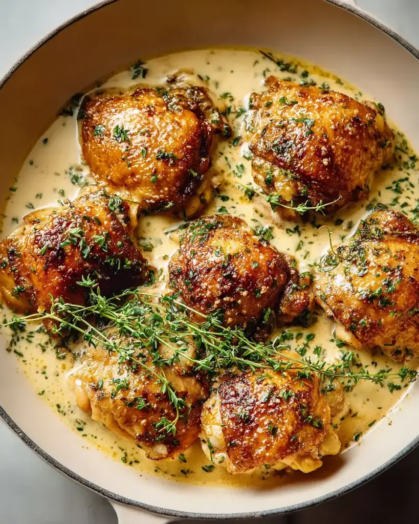A delicious plate of Creamy Garlic Chicken Thighs (Restaurant-Style, 30 Minutes)