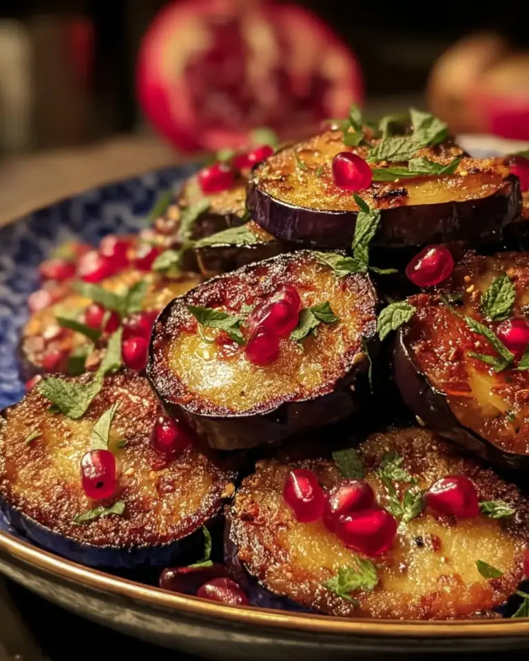 A delicious plate of Crispy Air-Fried Eggplant Rounds with Pomegranate Bliss