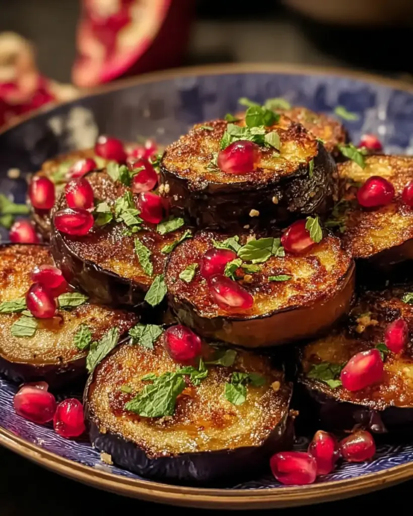 A delicious plate of Crispy Air-Fried Eggplant Rounds with Pomegranate Bliss