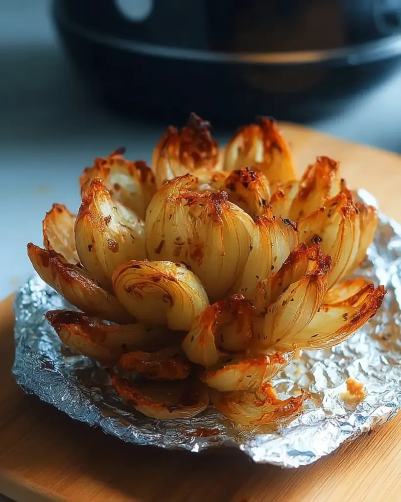 A delicious plate of Crispy Air Fryer Onion Petals with Spicy Dipping Sauce