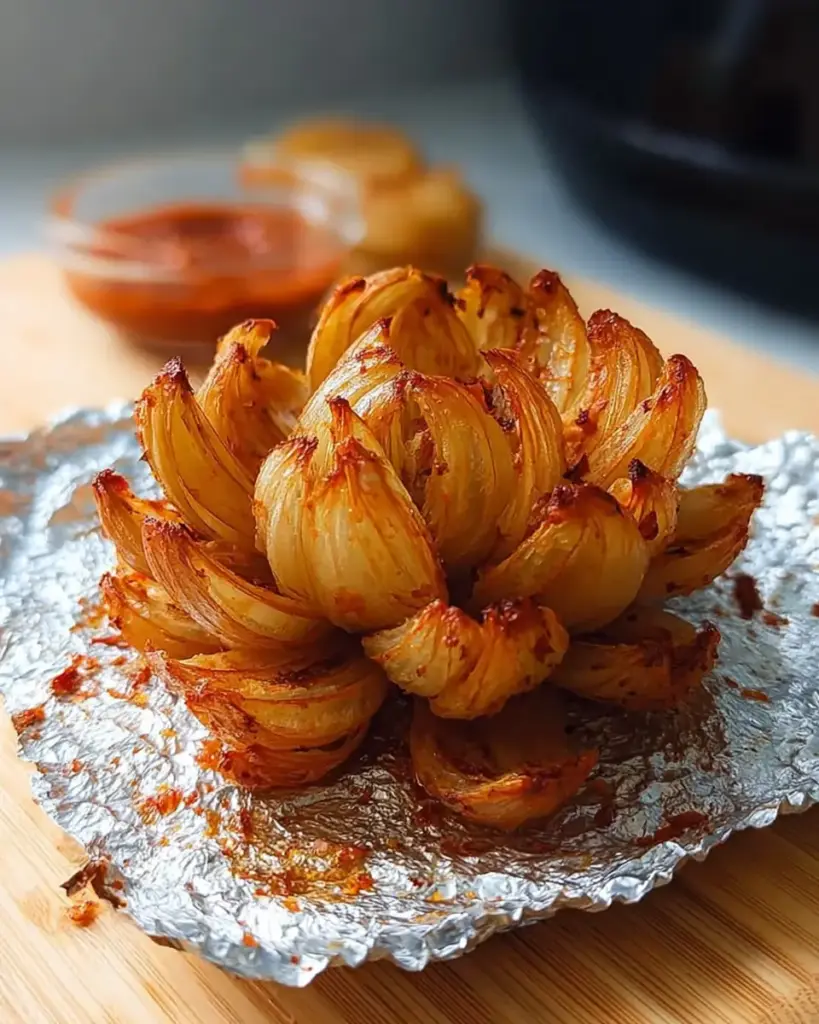 A delicious plate of Crispy Air Fryer Onion Petals with Spicy Dipping Sauce