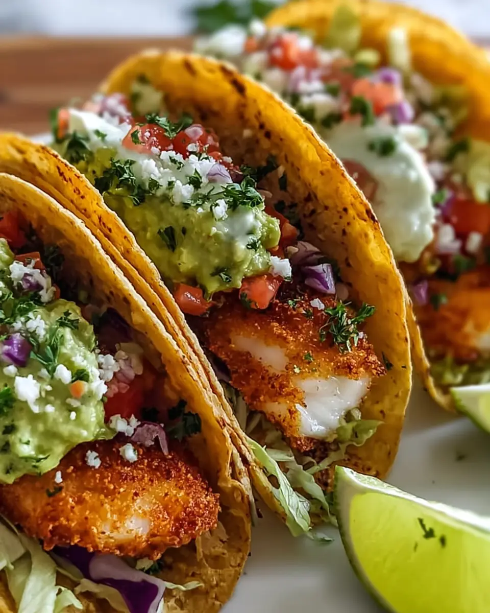 A delicious plate of Crispy Baja Fish Tacos with Avocado Crema (30-Minutes)