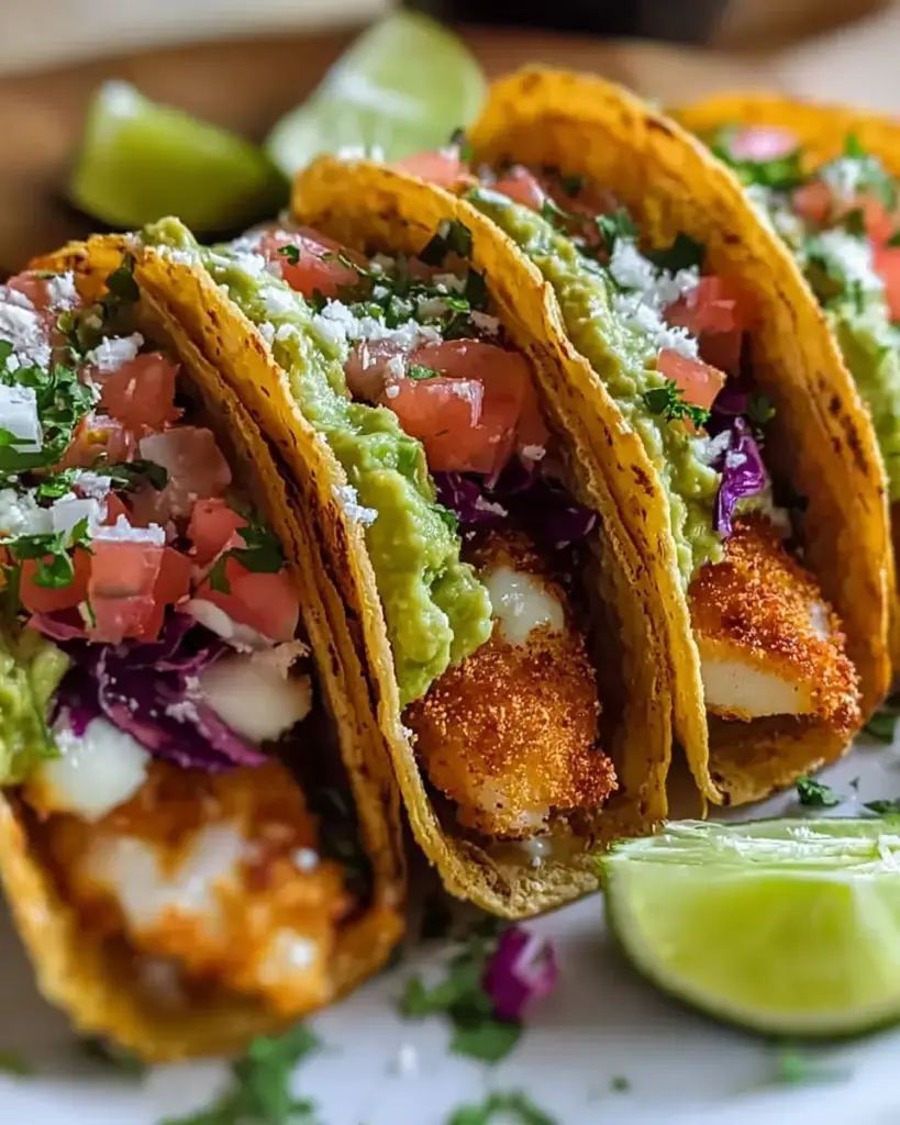 A delicious plate of Crispy Baja Fish Tacos with Avocado Crema (30-Minutes)