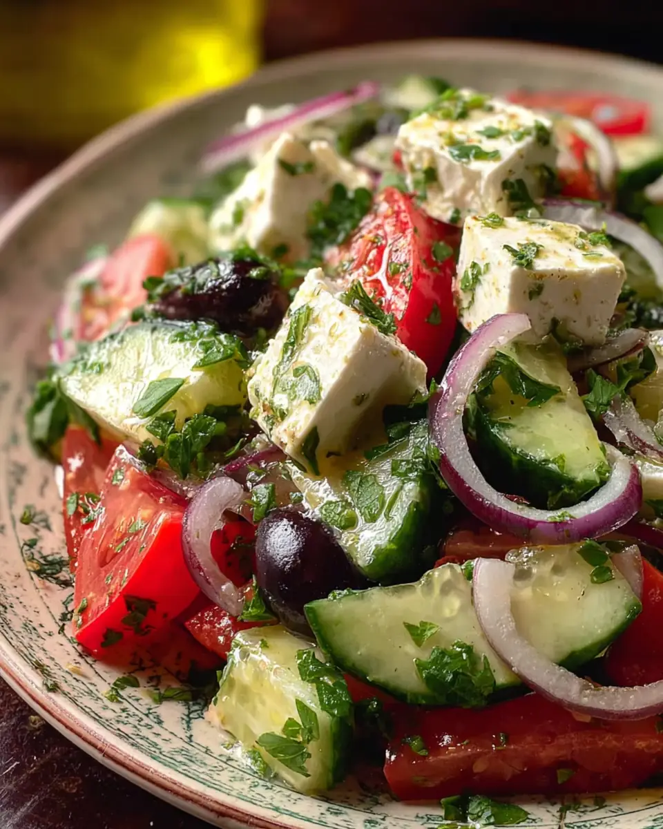 A delicious plate of Cucumber Feta Salad with Lemon Greek Vinaigrette