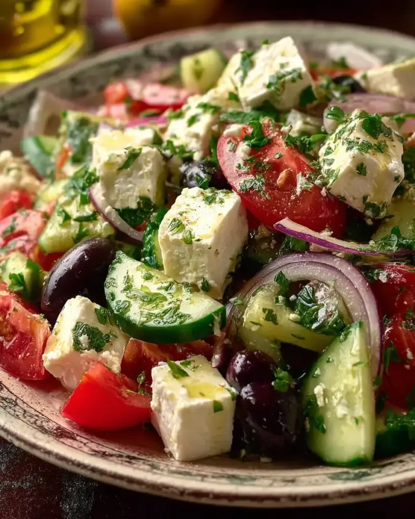 A delicious plate of Cucumber Feta Salad with Lemon Greek Vinaigrette