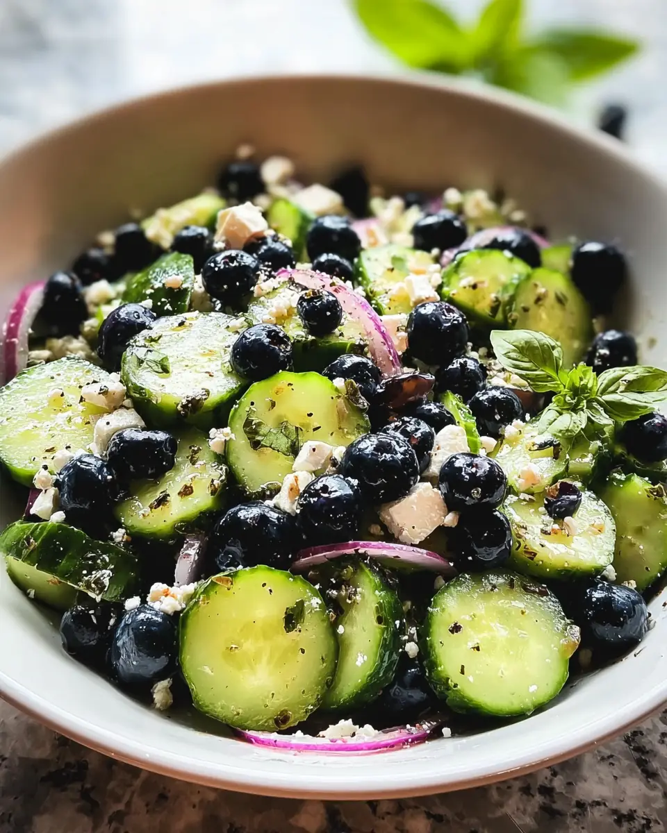 A delicious plate of Cucumber Salad with Blueberries and Feta Cheese delights your taste buds!