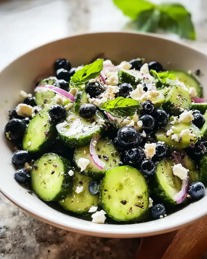 A delicious plate of Cucumber Salad with Blueberries and Feta Cheese delights your taste buds!