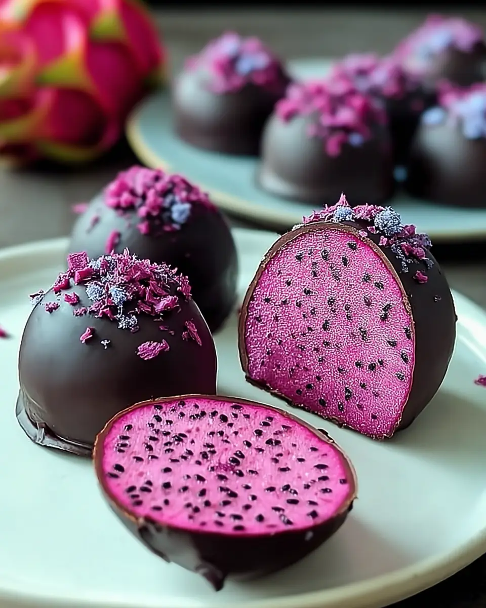 A delicious plate of Dark Chocolate Dragon Fruit Coconut Treats for Blissful Snacking