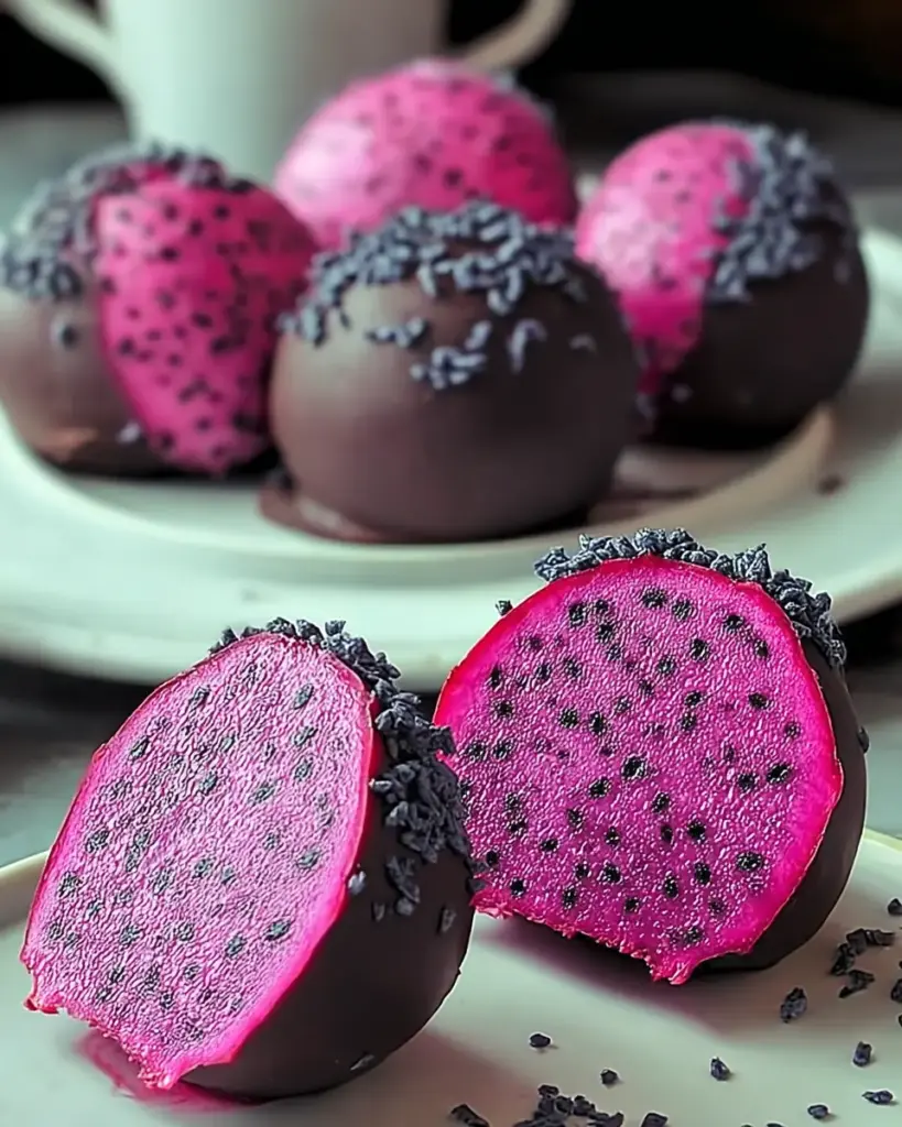 A delicious plate of Dark Chocolate Dragon Fruit Coconut Treats for Blissful Snacking