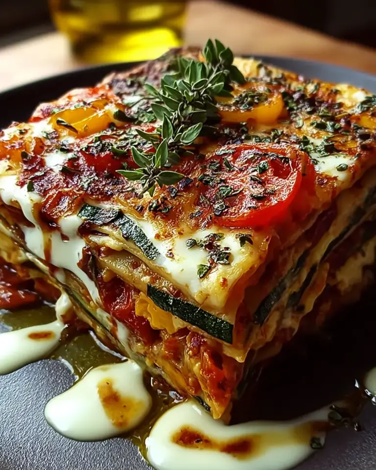 A delicious plate of Delicious Layered Mediterranean Eggplant Zucchini Lasagna with Creamy Three-Cheese Drizzle