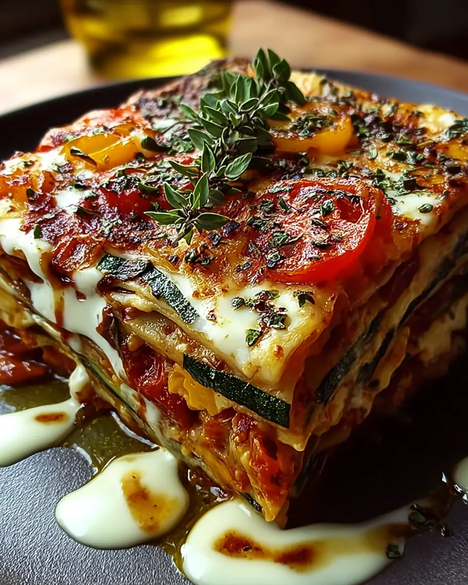 A delicious plate of Delicious Layered Mediterranean Eggplant Zucchini Lasagna with Creamy Three-Cheese Drizzle