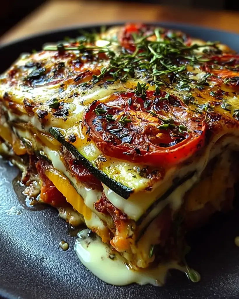A delicious plate of Delicious Layered Mediterranean Eggplant Zucchini Lasagna with Creamy Three-Cheese Drizzle