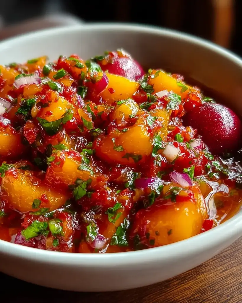 A delicious plate of Delicious Peach Cherry Salsa