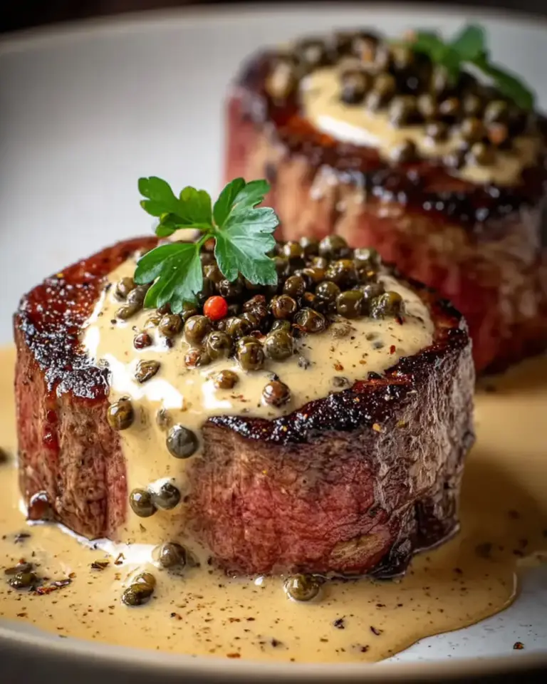 A delicious plate of Filet Mignon with Creamy Peppercorn Sauce