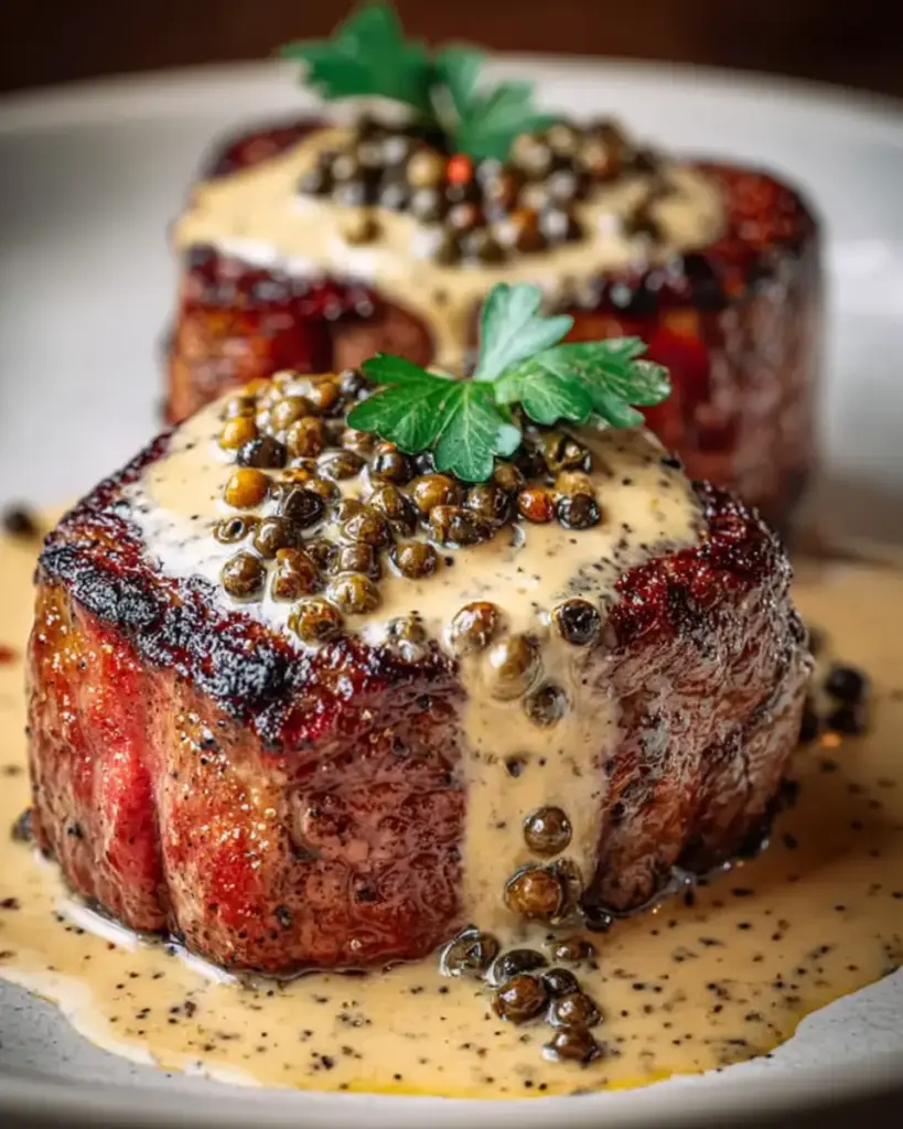 A delicious plate of Filet Mignon with Creamy Peppercorn Sauce