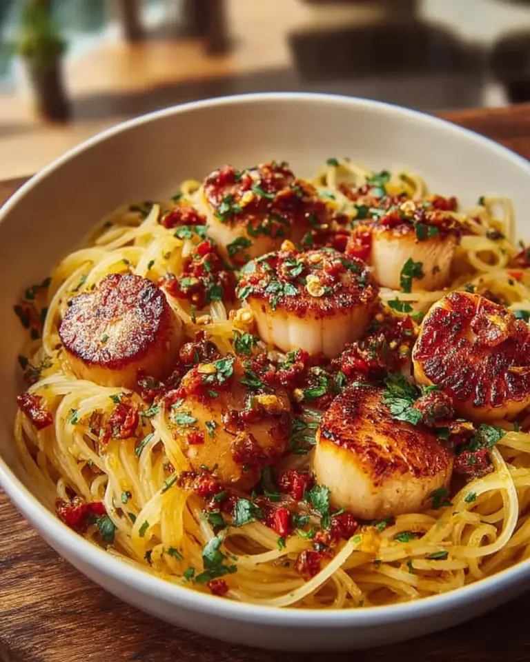 A delicious plate of Garlic Chili Scallops over Angel Hair