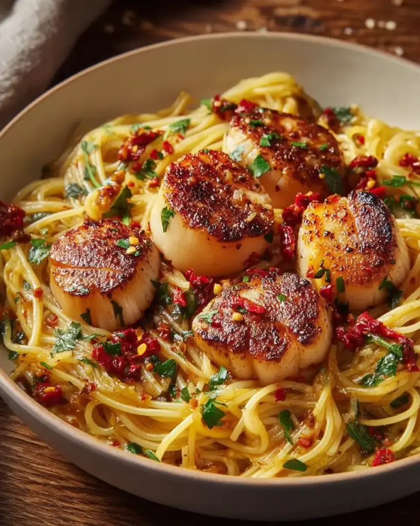 A delicious plate of Garlic Chili Scallops over Angel Hair