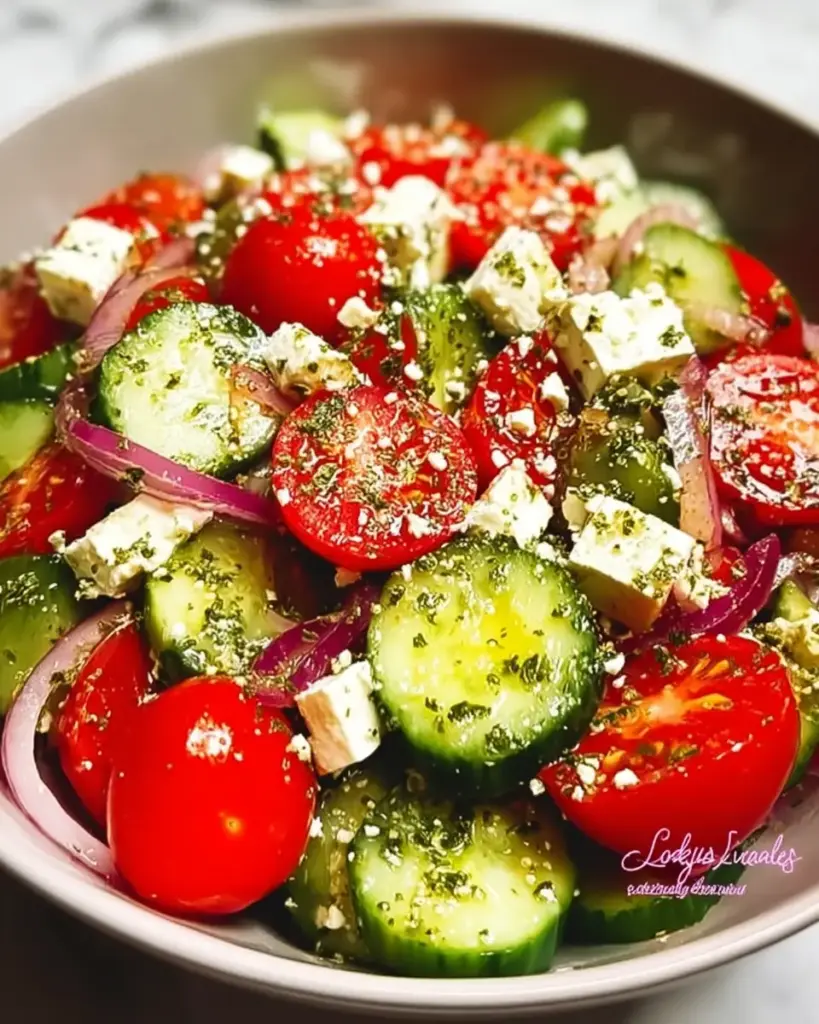 A delicious plate of Greek Cucumber Tomato Feta Salad