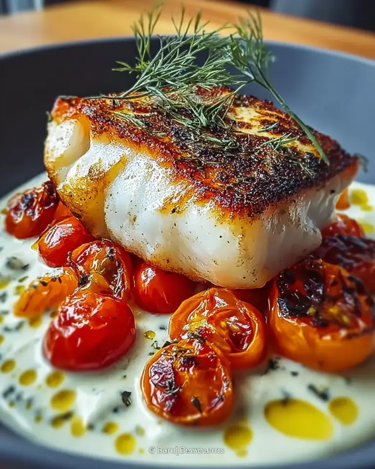 A delicious plate of Grilled Cod with Roasted Tomatoes & Creamy Dill Sauce