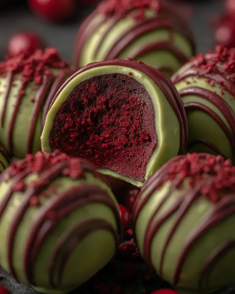 A delicious plate of Grinch Oreo Balls with Red Velvet Oreos
