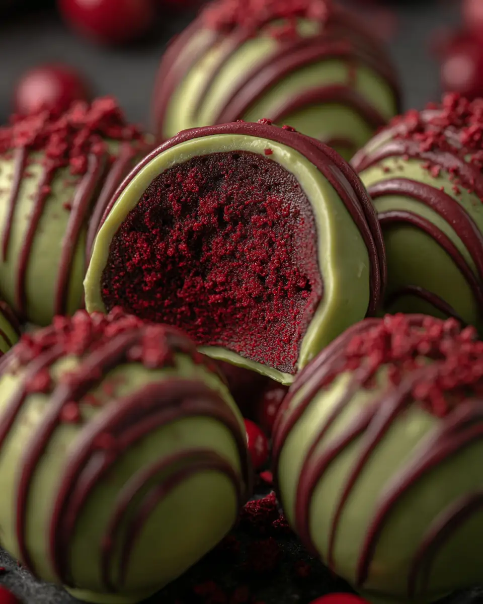A delicious plate of Grinch Oreo Balls with Red Velvet Oreos