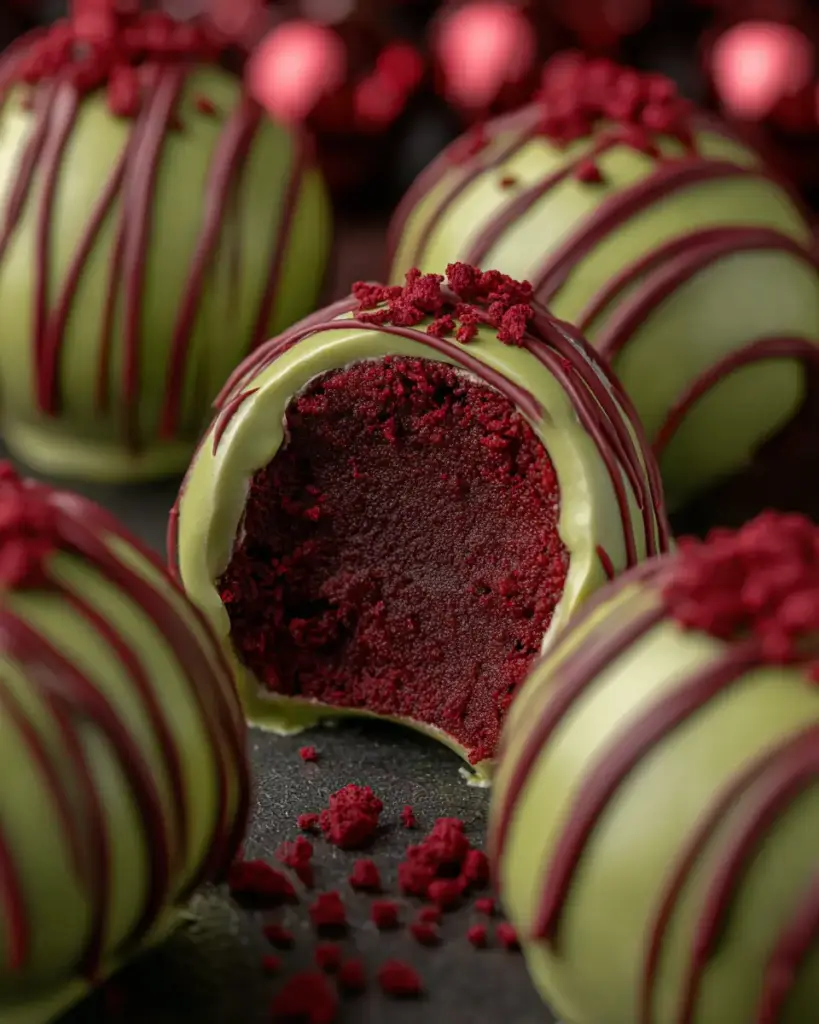 A delicious plate of Grinch Oreo Balls with Red Velvet Oreos