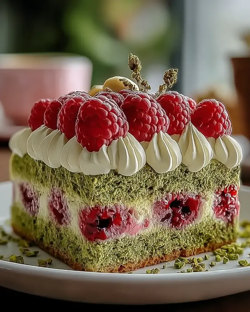 A delicious plate of Heavenly Pistachio Raspberry Dream Cake