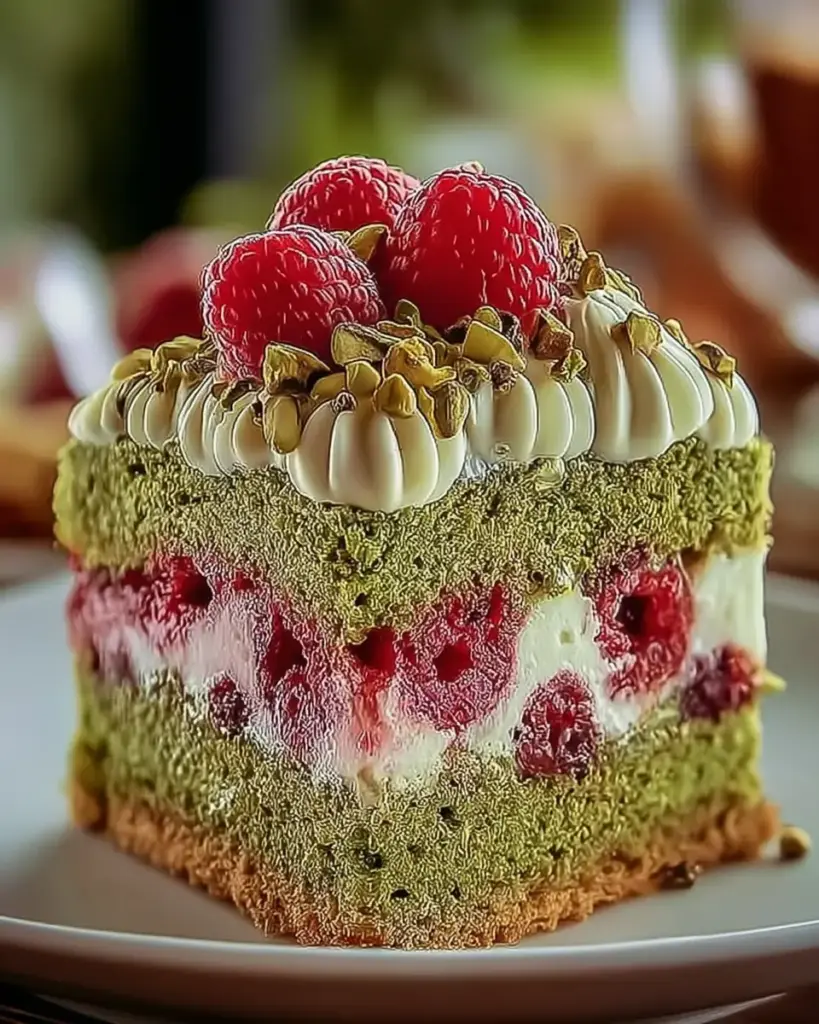 A delicious plate of Heavenly Pistachio Raspberry Dream Cake