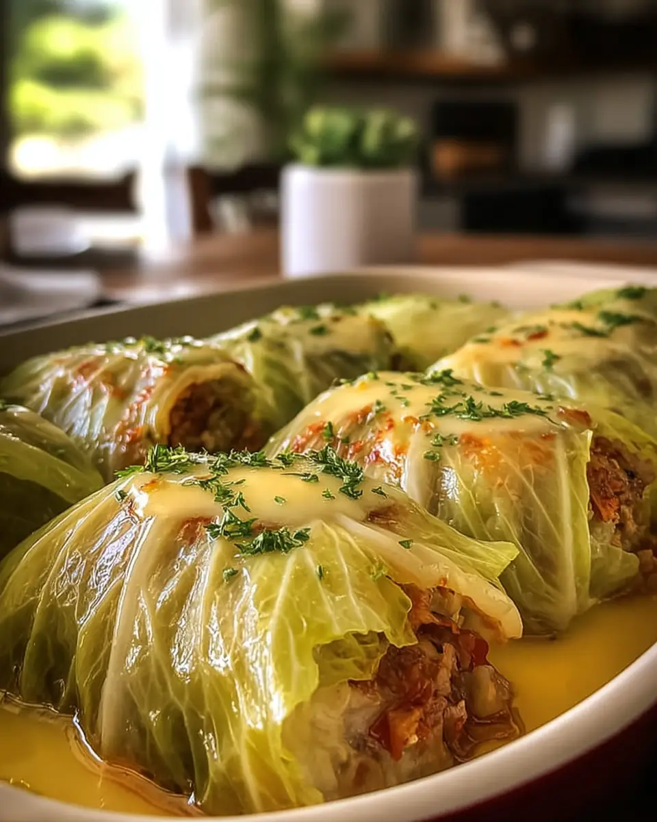 A delicious plate of Heavenly Stuffed Cabbage Rolls with Zesty Egg-Lemon Sauce