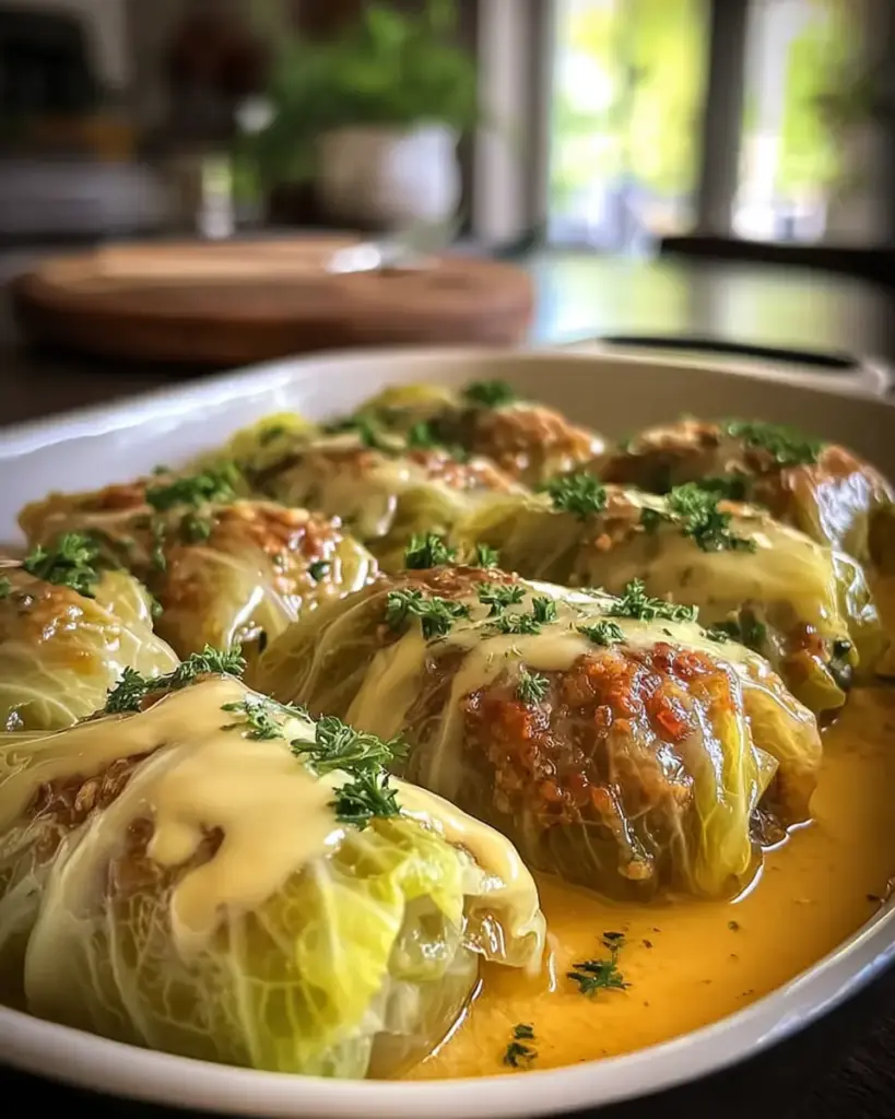 A delicious plate of Heavenly Stuffed Cabbage Rolls with Zesty Egg-Lemon Sauce