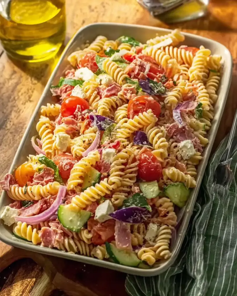 A delicious plate of Homemade High Protein Grinder Pasta Salad - loudasrecipes