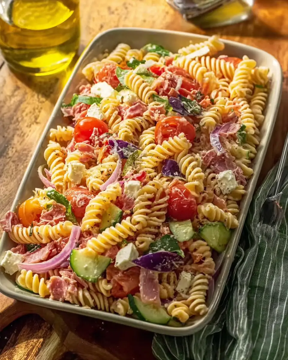 A delicious plate of Homemade High Protein Grinder Pasta Salad - loudasrecipes