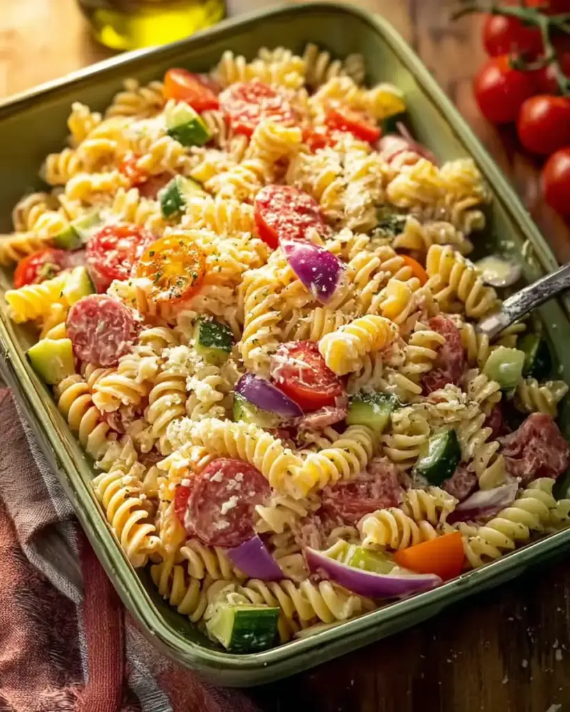 A delicious plate of Homemade High Protein Grinder Pasta Salad - loudasrecipes