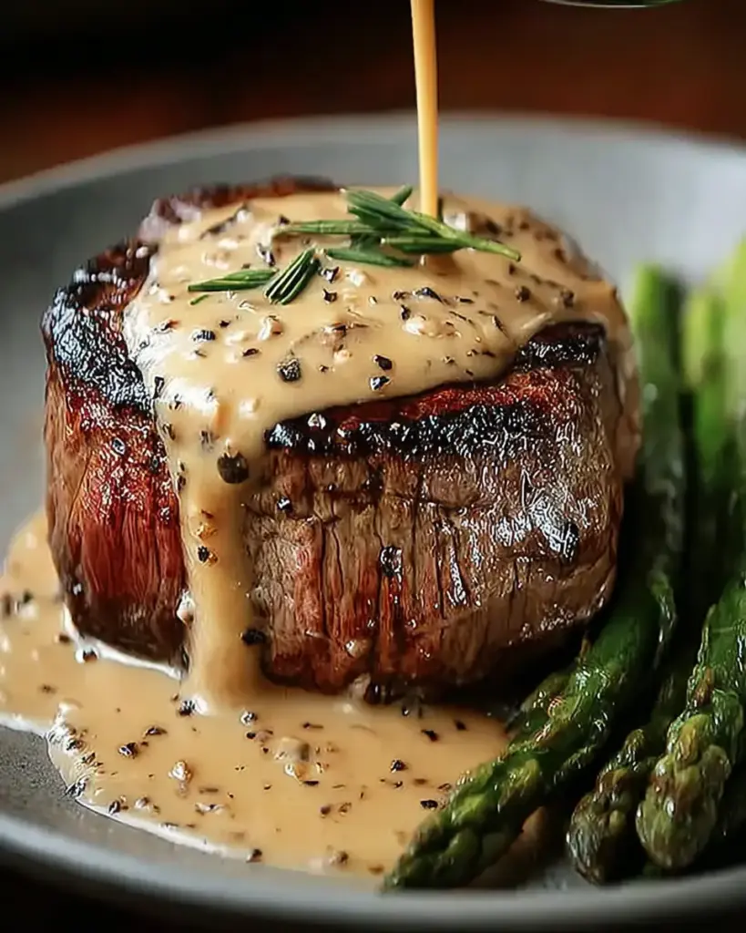 A delicious plate of Indulge in Filet Mignon with Creamy Peppercorn Sauce Tonight