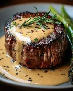 A delicious plate of Indulge in Filet Mignon with Creamy Peppercorn Sauce Tonight