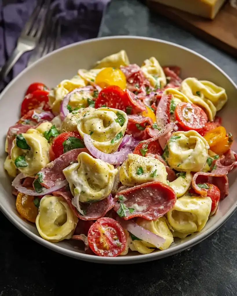 A delicious plate of Italian Grinder Tortellini Salad: Your Next Potluck Favorite!