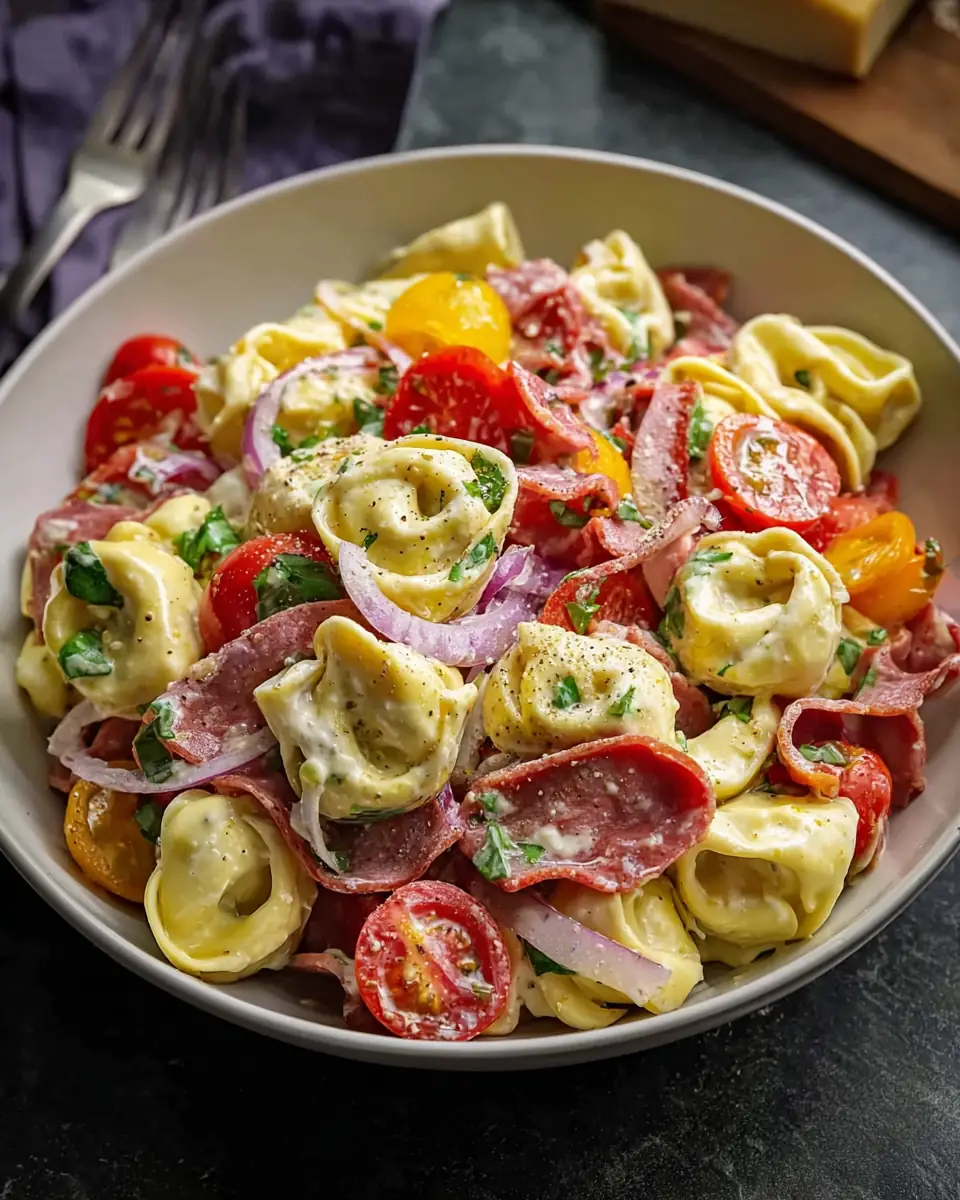 A delicious plate of Italian Grinder Tortellini Salad: Your Next Potluck Favorite!