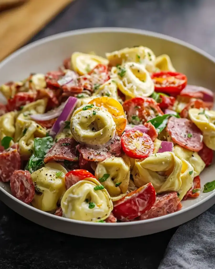 A delicious plate of Italian Grinder Tortellini Salad: Your Next Potluck Favorite!
