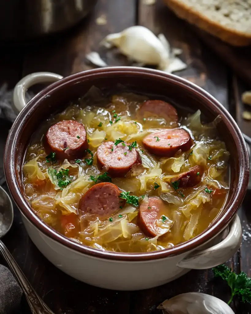 A delicious plate of Kielbasa and Cabbage Soup